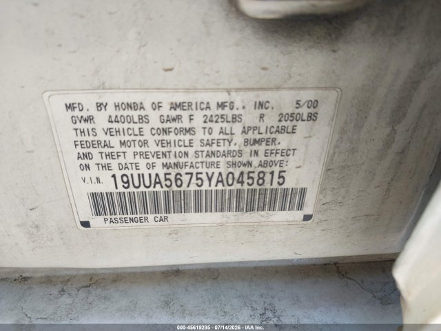 45619285 :رقم المزاد ، 19UUA5675YA045815 vin ، 2000 Acura Tl 3.2 مزاد بيع