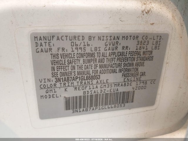Продаж на аукціоні авто 2016 Nissan Sentra Fe+ S/s/sl/sr/sv, vin: 3N1AB7AP1GL668053, номер лоту: 45619323