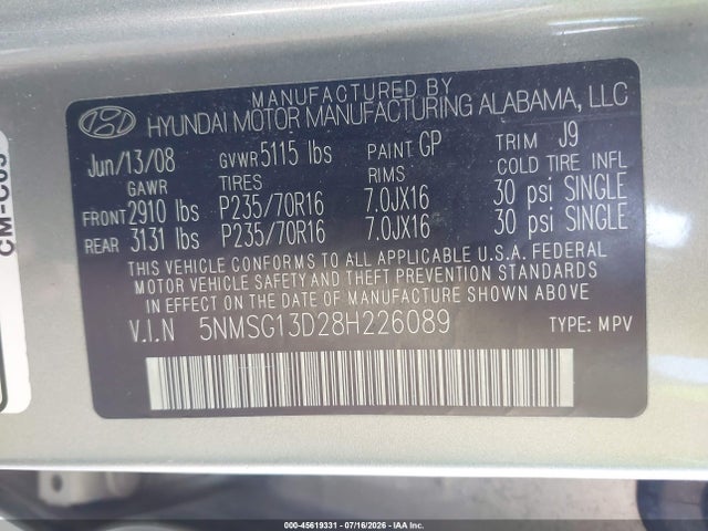 45619331 :رقم المزاد ، 5NMSG13D28H226089 vin ، 2008 Hyundai Santa Fe Gls مزاد بيع