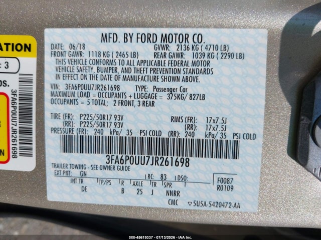 Ford Fusion Hybrid S 2018 3FA6P0UU7JR261698 Image 9