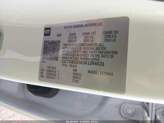 Aukcja sprzedaży 2022 Gmc Canyon 4wd  Short Box Elevation, vin: 1GTG6CEN1N1294531, numer aukcji: 45619340