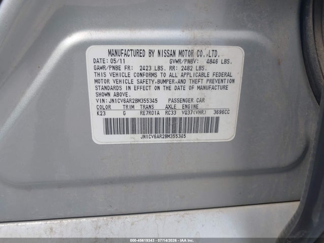 45619343 :رقم المزاد ، JN1CV6AR2BM355345 vin ، 2011 Infiniti G37x مزاد بيع