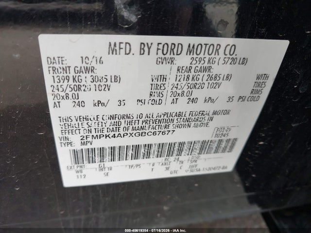 45619354 :رقم المزاد ، 2FMPK4APXGBC67677 vin ، 2016 Ford Edge Sport مزاد بيع