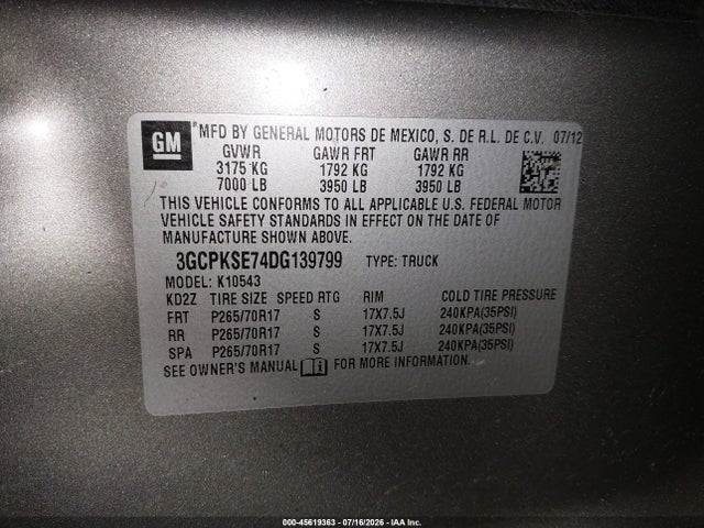 Продаж на аукціоні авто 2013 Chevrolet Silverado 1500 Lt, vin: 3GCPKSE74DG139799, номер лоту: 45619363