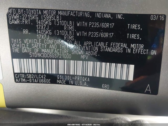 5TDYK3DC6GS721000 Toyota Sienna Xle 8 Passenger