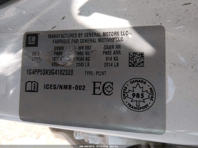 45619375 :رقم المزاد ، 1G4PP5SK9G4182320 vin ، 2016 Buick Verano مزاد بيع