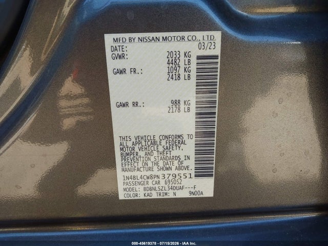 Продажа на аукционе авто 2023 Nissan Altima Sr Intelligent Awd, vin: 1N4BL4CW8PN379551, номер лота: 45619378