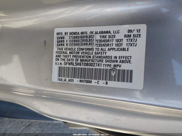 Aukcja sprzedaży 2013 Honda Odyssey Ex-l, vin: 5FNRL5H61DB002741, numer aukcji: 45619384