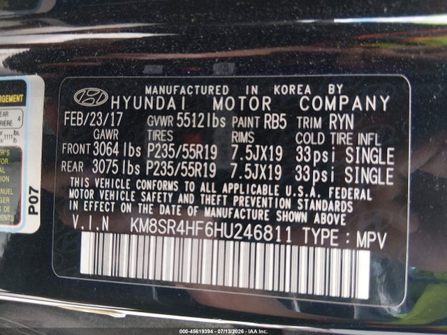 Продажа на аукционе авто 2017 Hyundai Santa Fe Limited Ultimate, vin: KM8SR4HF6HU246811, номер лота: 45619394
