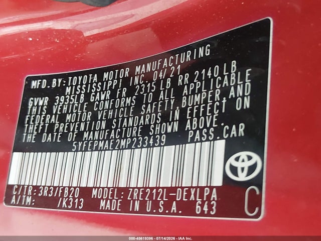2021 Toyota Corolla Le მანქანა იყიდება აუქციონზე, vin: 5YFEPMAE2MP233439, აუქციონის ნომერი: 45619396