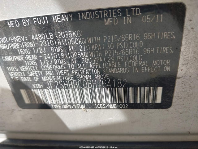 Aukcja sprzedaży 2011 Subaru Forester 2.5x, vin: JF2SHBBC0BH764182, numer aukcji: 45619397