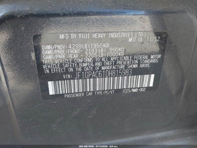Aukcja sprzedaży 2013 Subaru Impreza 2.0i Premium, vin: JF1GPAC61DH815983, numer aukcji: 45619400