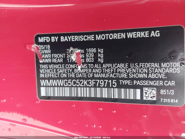 2019 Mini Convertible Cooper მანქანა იყიდება აუქციონზე, vin: WMWWG5C52K3F79715, აუქციონის ნომერი: 45619401