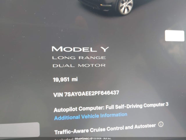 Продаж на аукціоні авто 2023 Tesla Model Y Awd/long Range Dual Motor All-wheel Drive, vin: 7SAYGAEE2PF646437, номер лоту: 45619402