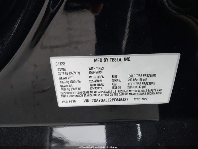 Продаж на аукціоні авто 2023 Tesla Model Y Awd/long Range Dual Motor All-wheel Drive, vin: 7SAYGAEE2PF646437, номер лоту: 45619402