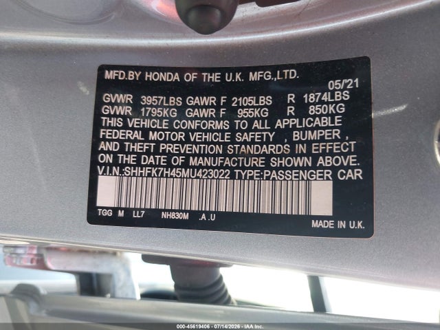 SHHFK7H45MU423022 Honda Civic Sport