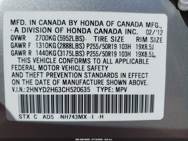 Aukcja sprzedaży 2012 Acura Mdx Advance Package, vin: 2HNYD2H63CH520635, numer aukcji: 45619409