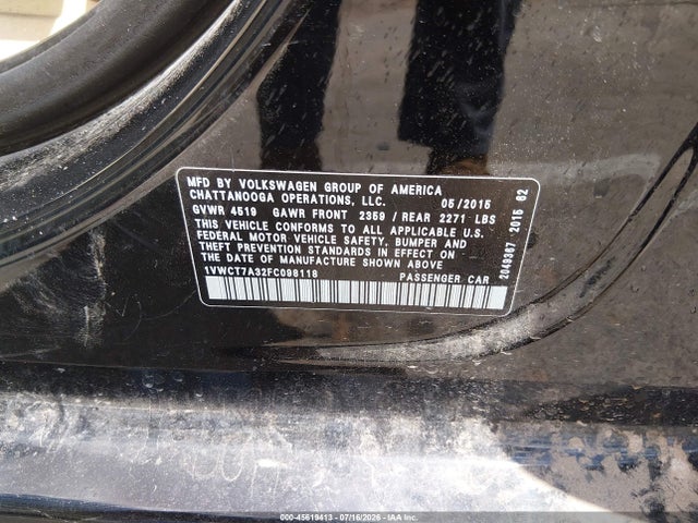 Продажа на аукционе авто 2015 Volkswagen Passat 1.8t Sel Premium, vin: 1VWCT7A32FC098118, номер лота: 45619413