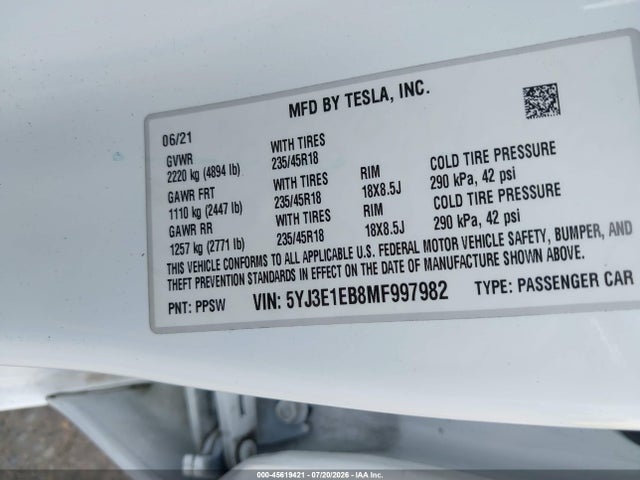Aukcja sprzedaży 2021 Tesla Model 3 Long Range Dual Motor All-wheel Drive, vin: 5YJ3E1EB8MF997982, numer aukcji: 45619421