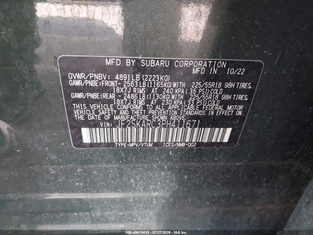 45619435 :رقم المزاد ، JF2SKARC3PH411671 vin ، 2023 Subaru Forester Touring مزاد بيع