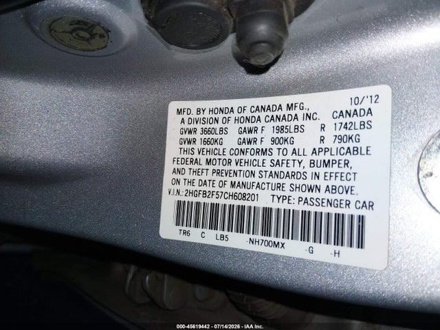 Продажа на аукционе авто 2012 Honda Civic Lx, vin: 2HGFB2F57CH608201, номер лота: 45619442