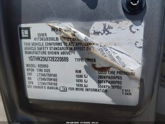 Продаж на аукціоні авто 2002 Gmc Sierra 2500hd Standard, vin: 1GTHK29U72E220689, номер лоту: 45619449
