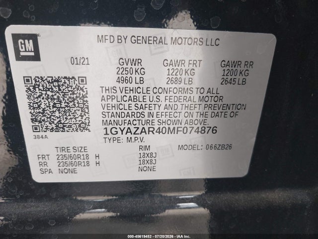 2021 Cadillac Xt4 Fwd Luxury მანქანა იყიდება აუქციონზე, vin: 1GYAZAR40MF074876, აუქციონის ნომერი: 45619452