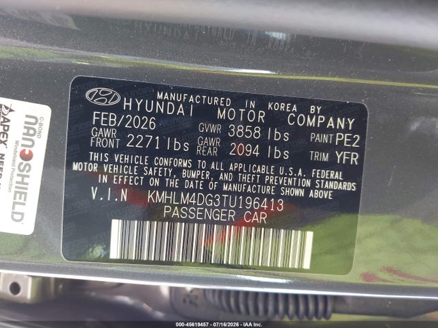 2026 Hyundai Elantra Sel Sport მანქანა იყიდება აუქციონზე, vin: KMHLM4DG3TU196413, აუქციონის ნომერი: 45619457