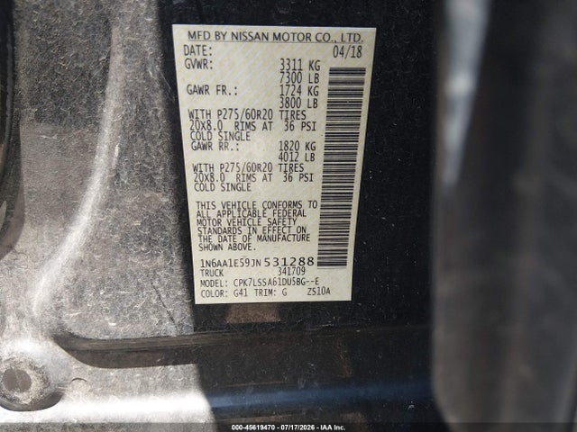 2018 Nissan Titan Sv მანქანა იყიდება აუქციონზე, vin: 1N6AA1E59JN531288, აუქციონის ნომერი: 45619470