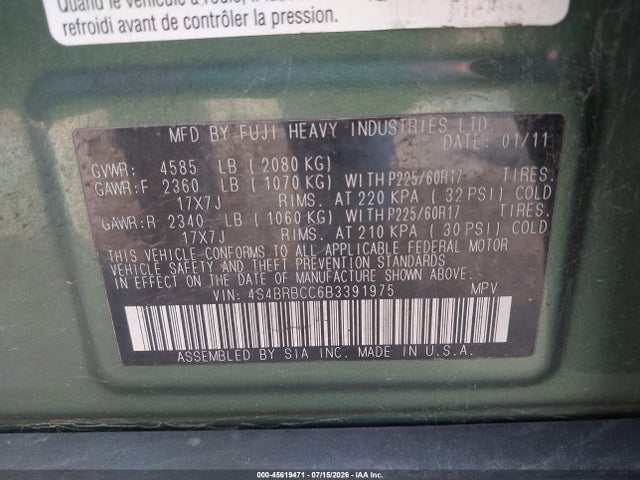 Aukcja sprzedaży 2011 Subaru Outback 2.5i Premium, vin: 4S4BRBCC6B3391975, numer aukcji: 45619471