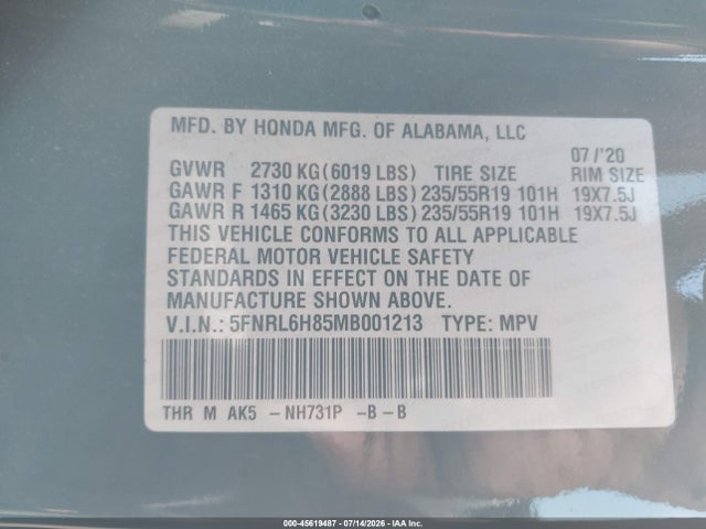 5FNRL6H85MB001213 Honda Odyssey Touring