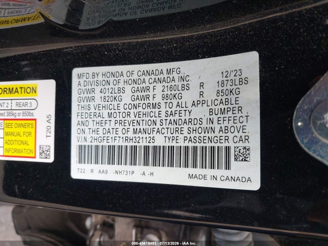 Honda CIVIC EX 2024 2HGFE1F71RH321125 Image 9