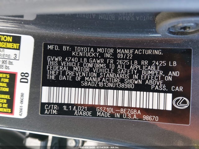 Lexus ES 350 2022 58ADZ1B13NU138980 Image 9