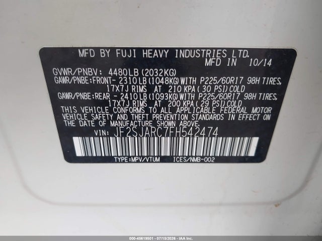 Aukcja sprzedaży 2015 Subaru Forester 2.5i Limited, vin: JF2SJARC7FH542474, numer aukcji: 45619501