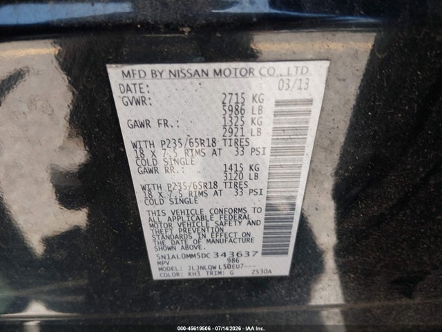 45619506 :رقم المزاد ، 5N1AL0MM5DC343637 vin ، 2013 Infiniti Jx35 مزاد بيع