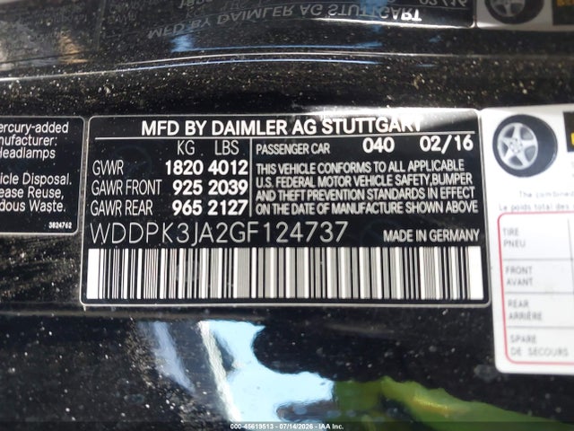 45619513 :رقم المزاد ، WDDPK3JA2GF124737 vin ، 2016 Mercedes-benz Slk 300 مزاد بيع