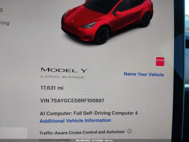 2024 Tesla Model Y Long Range Single Motor Rear-wheel Drive/rwd მანქანა იყიდება აუქციონზე, vin: 7SAYGDED8RF100897, აუქციონის ნომერი: 45619522