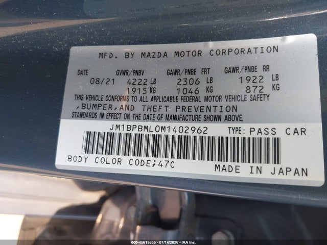 Aukcja sprzedaży 2021 Mazda Mazda3 Premium, vin: JM1BPBML0M1402962, numer aukcji: 45619535