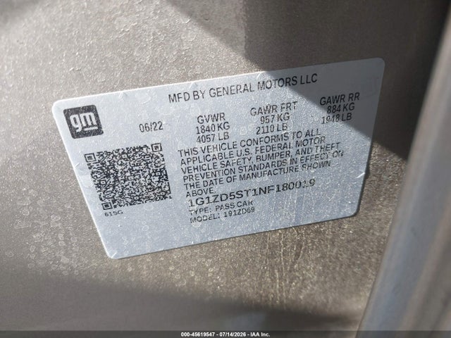45619547 :رقم المزاد ، 1G1ZD5ST1NF180019 vin ، 2022 Chevrolet Malibu Fwd Lt مزاد بيع