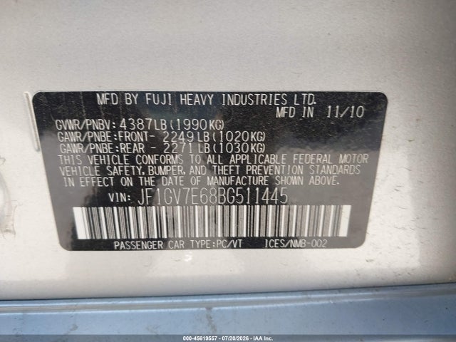 Aukcja sprzedaży 2011 Subaru Impreza Wrx, vin: JF1GV7E68BG511445, numer aukcji: 45619557