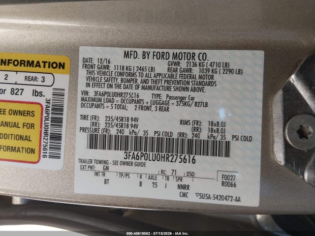 Ford Fusion Hybrid Se 2017 3FA6P0LU0HR275616 Image 9