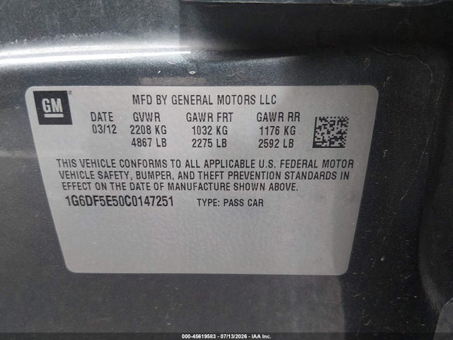 Aukcja sprzedaży 2012 Cadillac Cts Luxury, vin: 1G6DF5E50C0147251, numer aukcji: 45619583