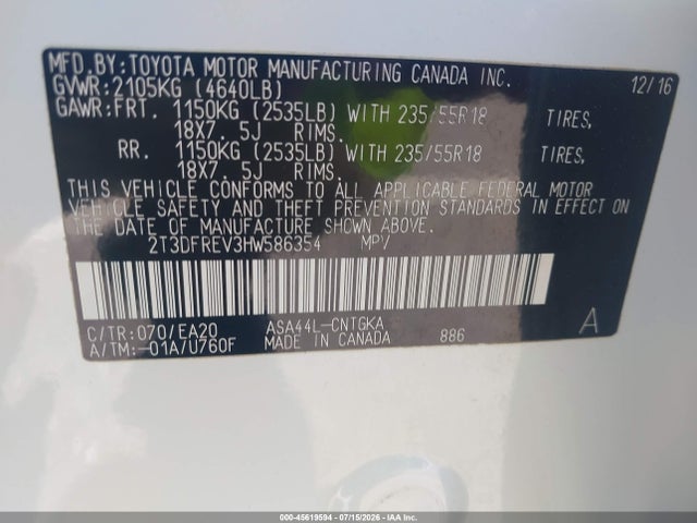 Toyota Rav4 Limited 2017 2T3DFREV3HW586354 Image 9