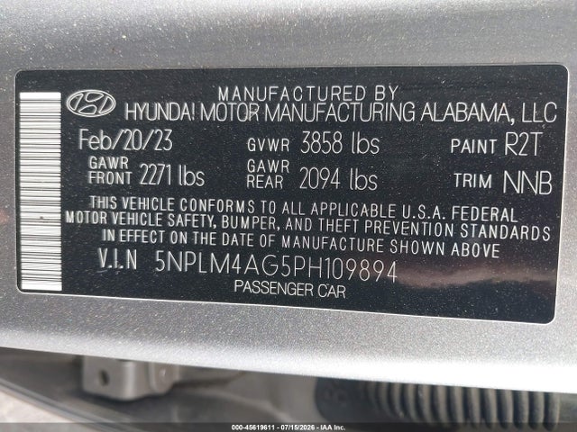 5NPLM4AG5PH109894 Hyundai ELANTRA SEL