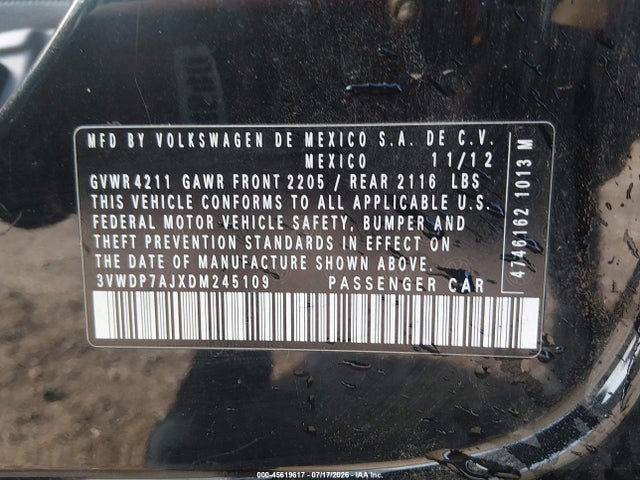 45619617 :رقم المزاد ، 3VWDP7AJXDM245109 vin ، 2013 Volkswagen Jetta 2.5l Se مزاد بيع