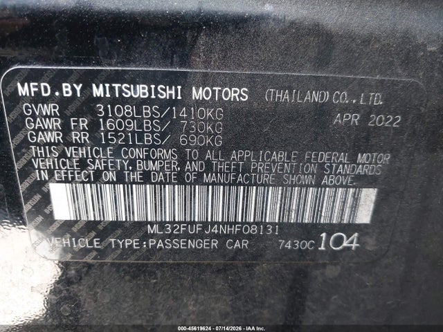Продаж на аукціоні авто 2022 Mitsubishi Mirage G4 Black Edition/es/le, vin: ML32FUFJ4NHF08131, номер лоту: 45619624
