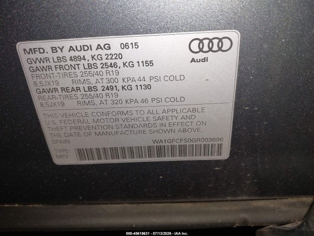 45619631 :رقم المزاد ، WA1GFCFS0GR003696 vin ، 2016 Audi Q3 2.0t Premium Plus مزاد بيع