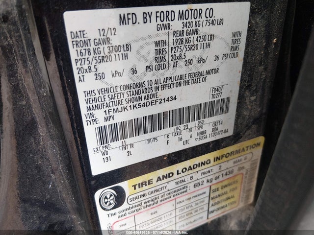 2013 Ford Expedition El Limited მანქანა იყიდება აუქციონზე, vin: 1FMJK1K54DEF21434, აუქციონის ნომერი: 45619635