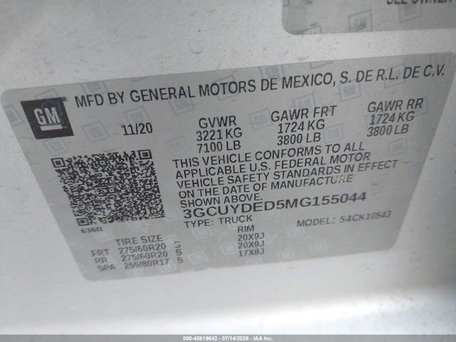45619642 :رقم المزاد ، 3GCUYDED5MG155044 vin ، 2021 Chevrolet Silverado 1500 4wd  Short Bed Lt مزاد بيع