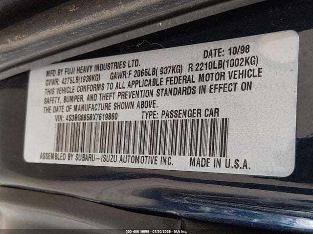 Продажа на аукционе авто 1999 Subaru Legacy 30th Ann. Outback Ltd./outback, vin: 4S3BG6858X7619860, номер лота: 45619655